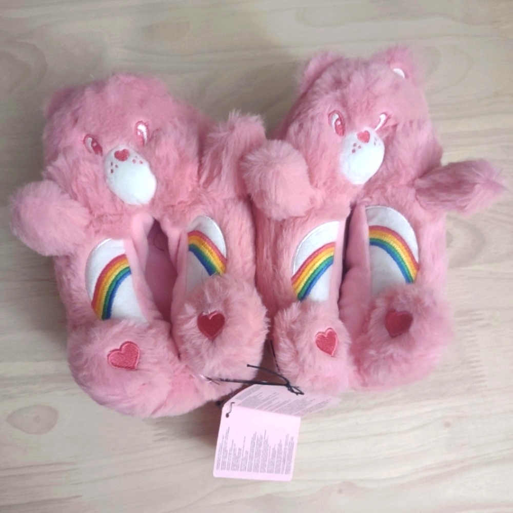 Care Bears Pink Fuzzy Y2K Kawaii Kids Size Slippers Decora Pastel Sweet Cartoon